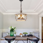 5 - Lights 15.7" Distressed Wood/White Mid-Century Caged Chandelier, Adjustable Chain Pendant Light Rustic Drum Chandelier