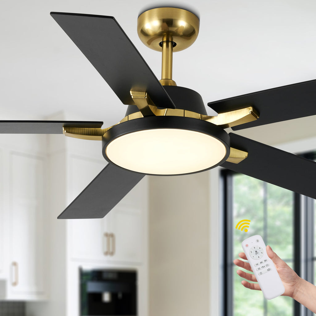 52 Inches Black and Gold Modern Ceiling Fan with LED Lights, 6 Speeds DC Motor Indoor Ceiling Fan for Large Room