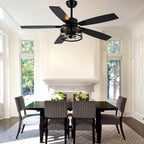 52 Inch Industrial Metal Caged Ceiling Fan with Lights and Remote Control, Silent DC Motor Fan for All Seasons