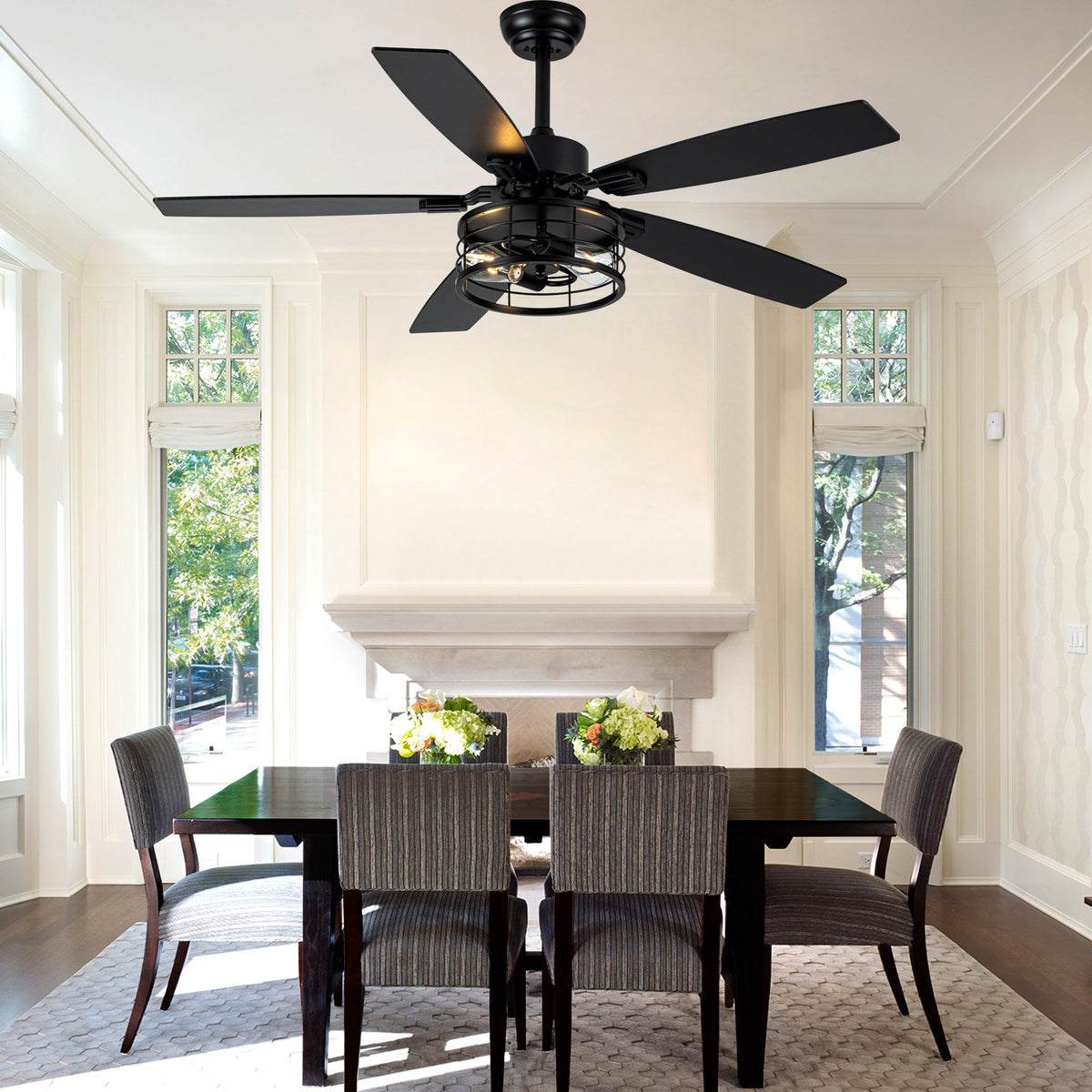 52 Inch Industrial Metal Caged Ceiling Fan with Lights and Remote Control, Silent DC Motor Fan for All Seasons