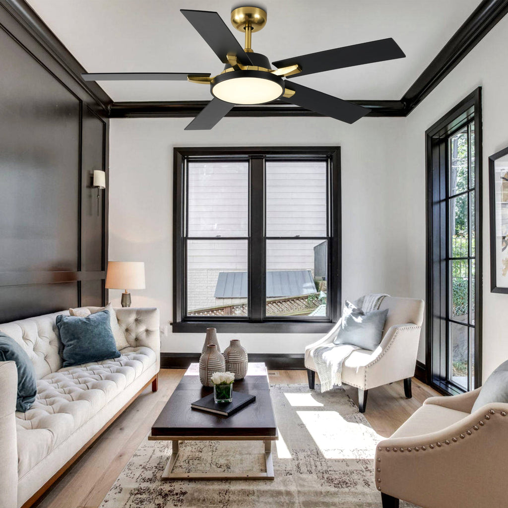 52 Inches Black and Gold Modern Ceiling Fan with LED Lights, 6 Speeds DC Motor Indoor Ceiling Fan for Large Room