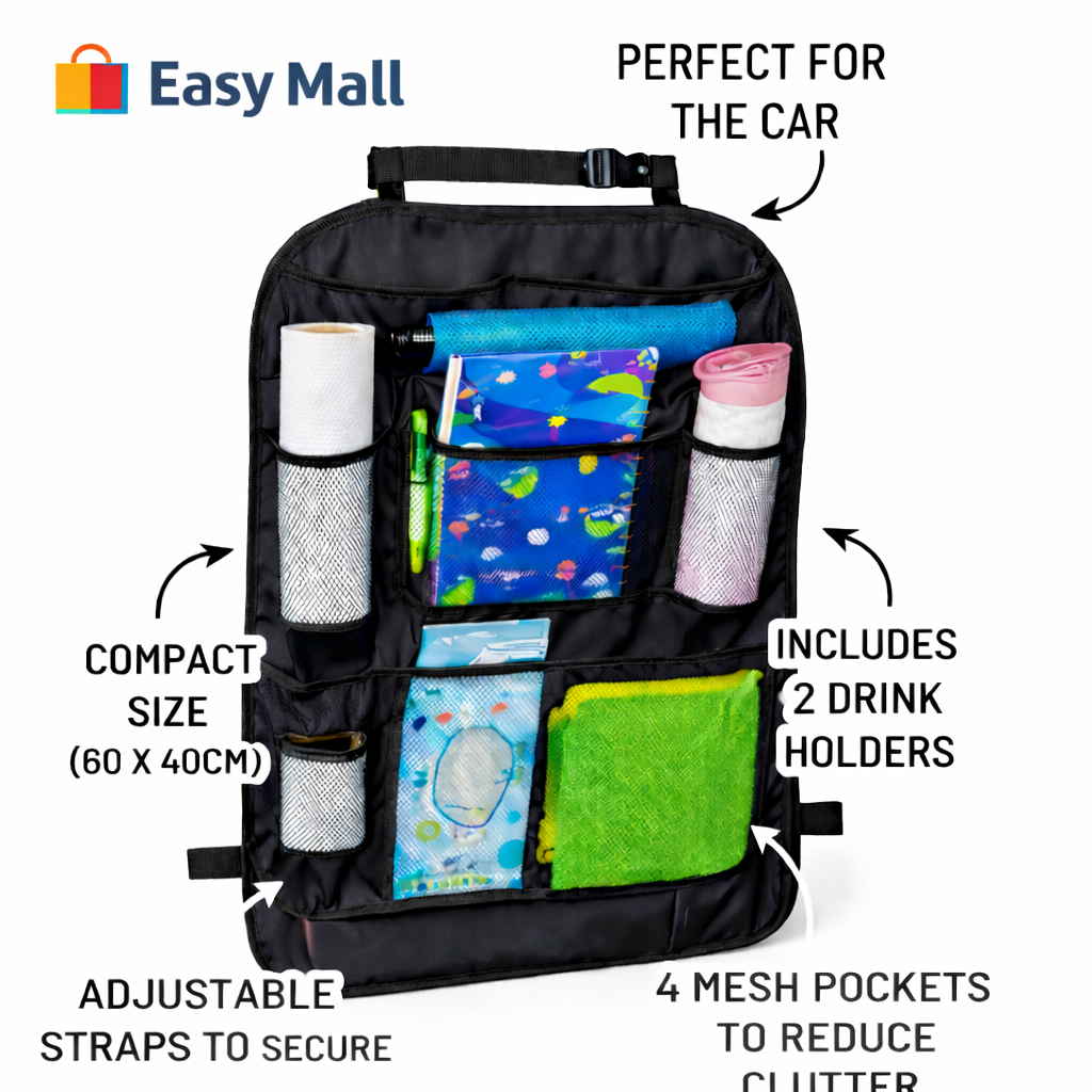 Car Backseat Organiser 60x40cm Drink Holder Mesh Pockets Adjustable Straps Black