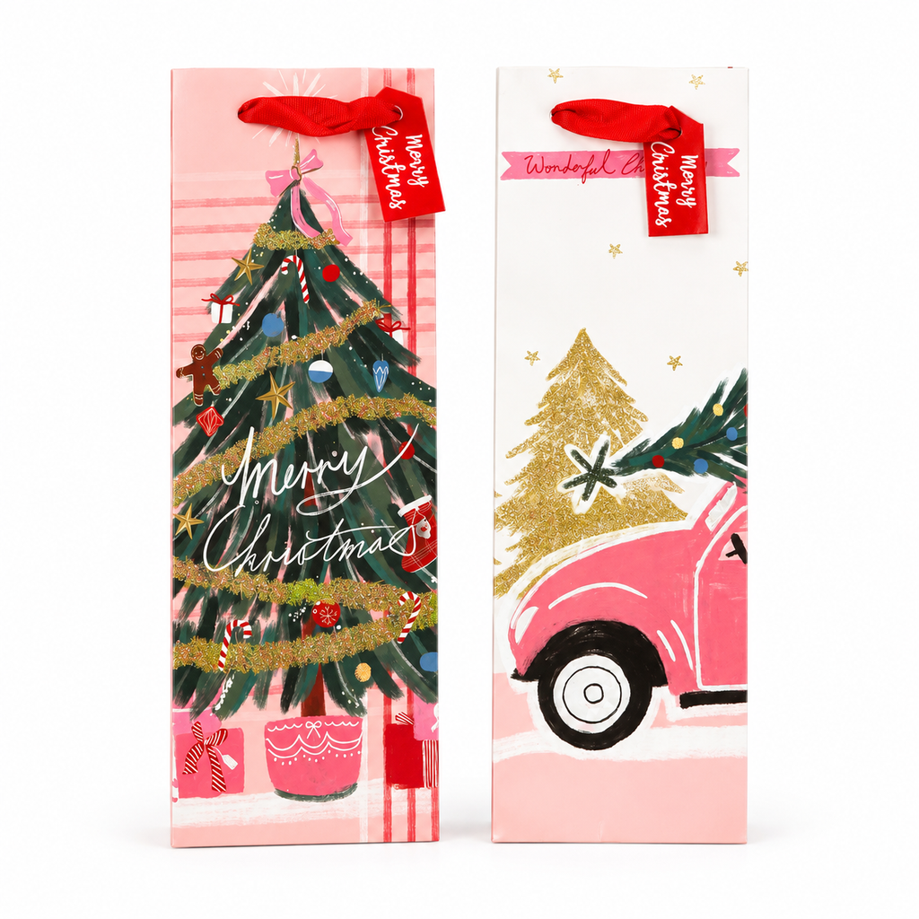 12PK Christmas Wine Bottle Gift Bags Xmas Present Packaging 12x35cm 4 Designs