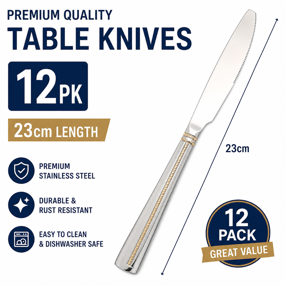 12PK Stainless Steel Table Knives 23cm Dinner Cutlery Serrated Knife Set