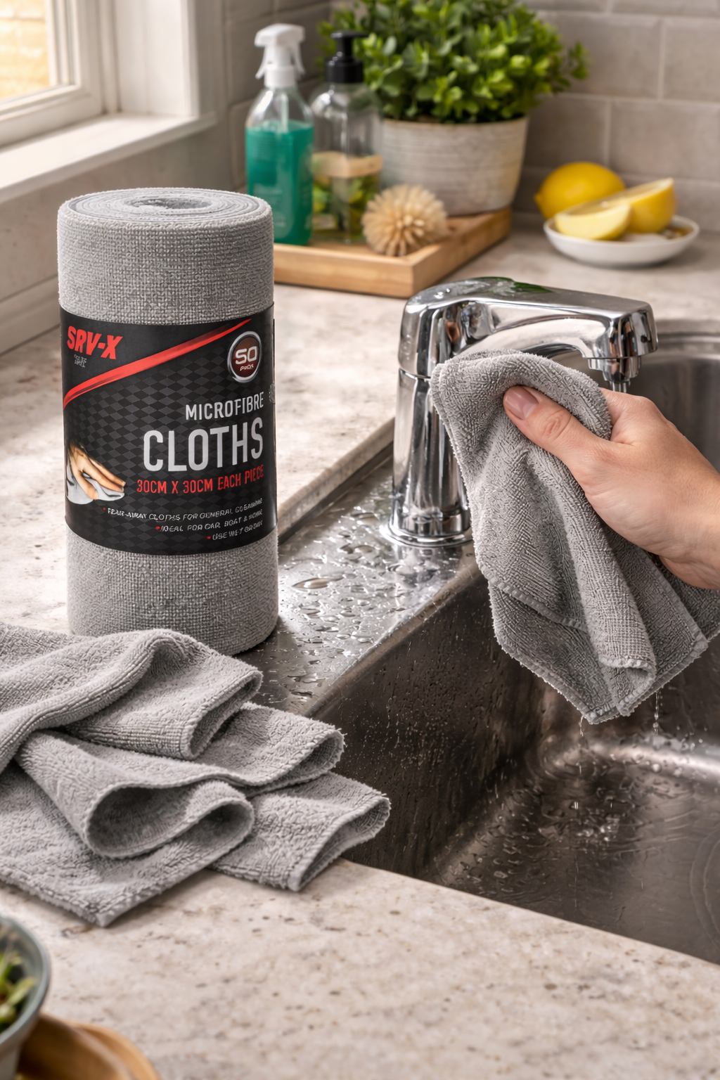 50x Microfibre Cleaning Cloths Roll 30x30cm Tear-Away Reusable Car Kitchen Home Grey