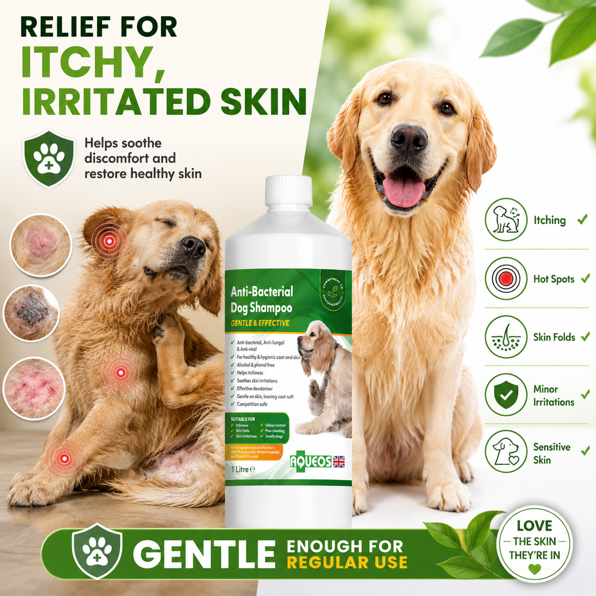 Aqueos Medicated Dog Shampoo 1 Litre Anti Fungal Bacterial Viral Itch Relief