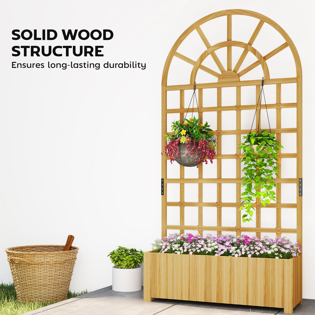 Wooden Raised Planter with Trellis, 90 x 30 x 180 cm