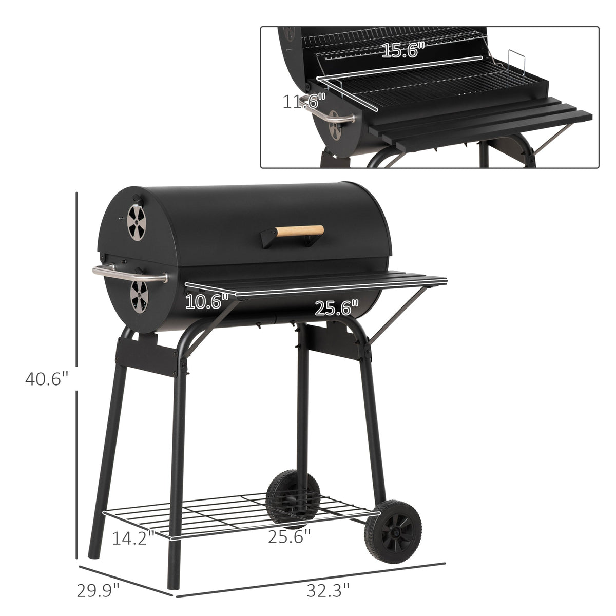30" Portable Barrel Charcoal BBQ Grill with Storage Shelf for Garden Camping Picnic, Black