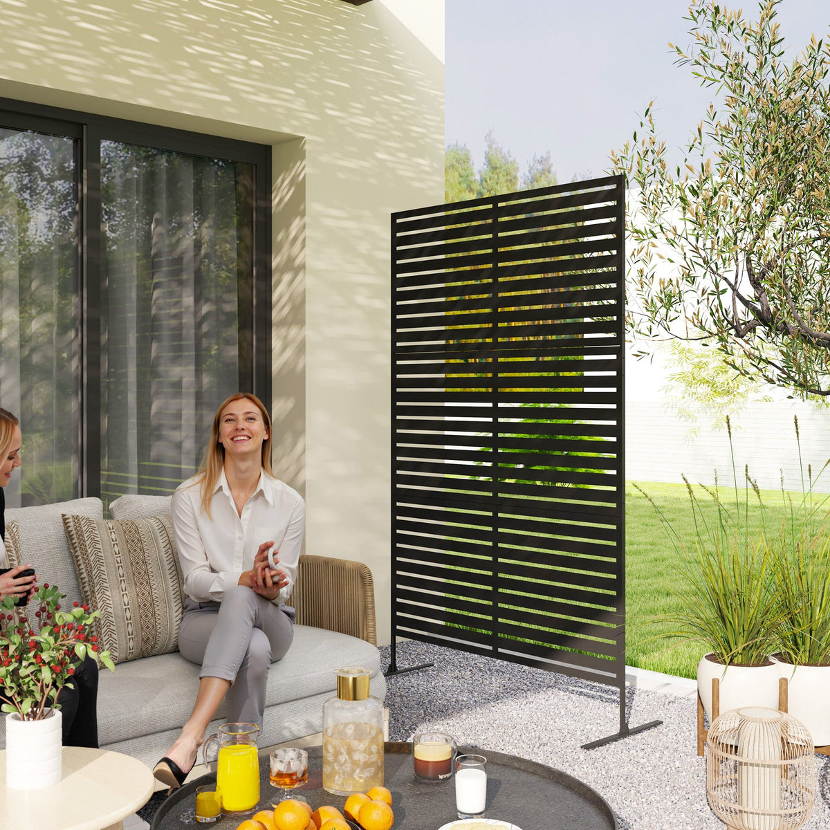 Freestanding Decorative Outdoor Metal Divider with Stand and Expansion Screws, Black