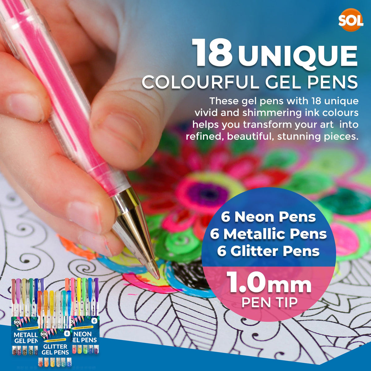 SOL 18pk Gel Pens, 3 Sets of Assorted Coloured Gel Pens for Writing, Glitter, Neon & Metallic Inks in Vibrant Colours, Smooth Ink Flow, Perfect for Journaling, Drawing, Crafting, and Office Supplies