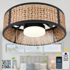 Bohemian 20 Inch Flush Mount Ceiling Fan with Light Caged Bamboo and Paper Rope Woven Shade Ceiling Fan with Ligth Dimmable LED and Reversible DC Motor Ceiling Fan Suit for Bedroom, Kitchen