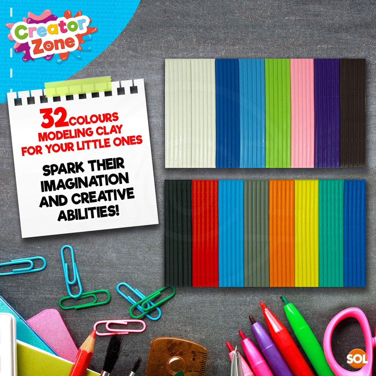 32-64pk Kids Modelling Clay Set 16 Colour Plasticine Putty Strips Children Craft