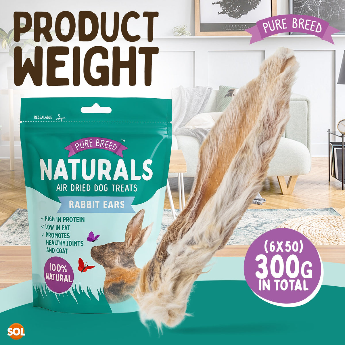 Pure Breed Rabbit Ears with Fur for Dogs – 300g (6 × 50g Bags) 100% Natural Air-Dried Chews Long-Lasting Snacks Grain-Free Single Ingredient Low Calories Rabbits Ears with Fur For Dogs Happy Pooch