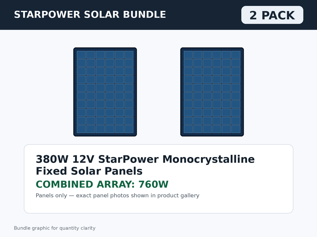 2 Pack 380W 12V StarPower Monocrystalline Fixed Solar Panels – 760W Bundle
