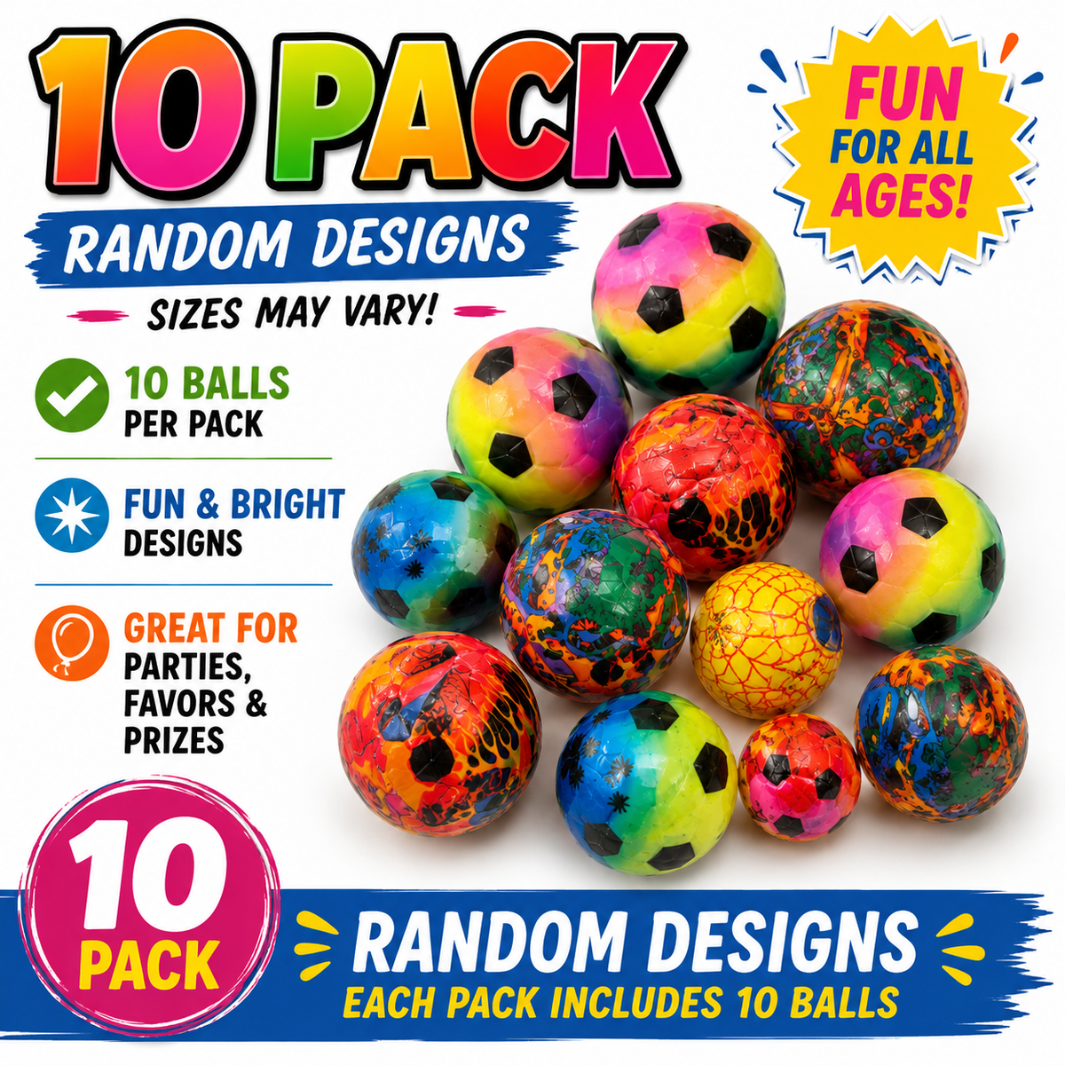 10 Pack Soft Foam Balls Assorted Random Designs Mixed Sizes Kids Party Favour Toys