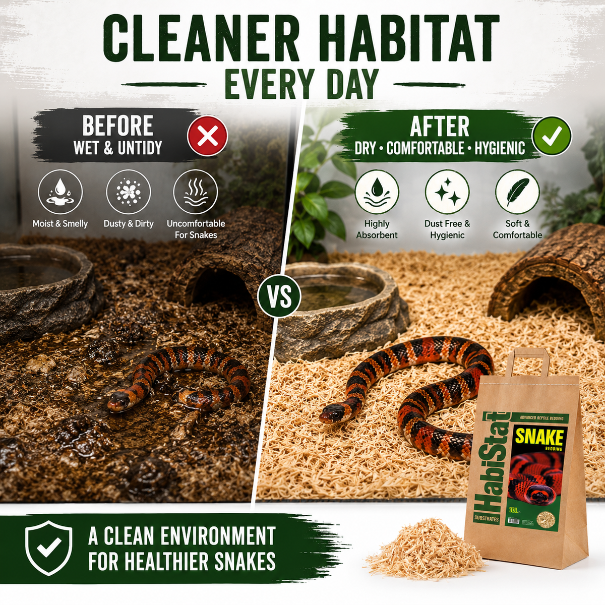 HabiStat Snake Bedding 10L Natural Shredded Wood Vivarium Substrate Dust Free