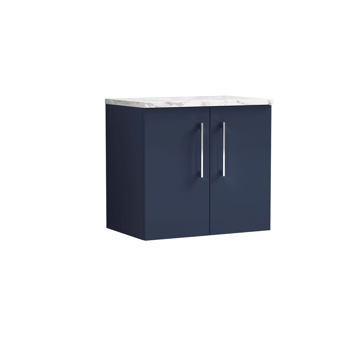 Nuie Arno Wall Hung 2-Door Vanity & Carrera Marble Laminate Worktop, Stylish Counter Top Vanity Unit in Midnight Blue, 600mm