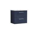 Nuie Arno Wall Hung 2-Drawer Vanity & Carrera Marble Laminate Worktop, Stylish Counter Top Vanity Unit in Midnight Blue, 600mm