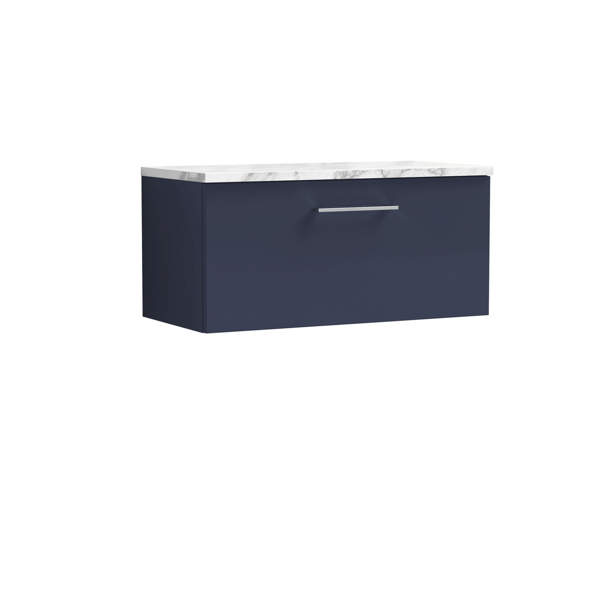 Nuie Arno Wall Hung 1-Drawer Vanity & Carrera Marble Laminate Worktop, Stylish Counter Top Vanity Unit in Midnight Blue, 800mm
