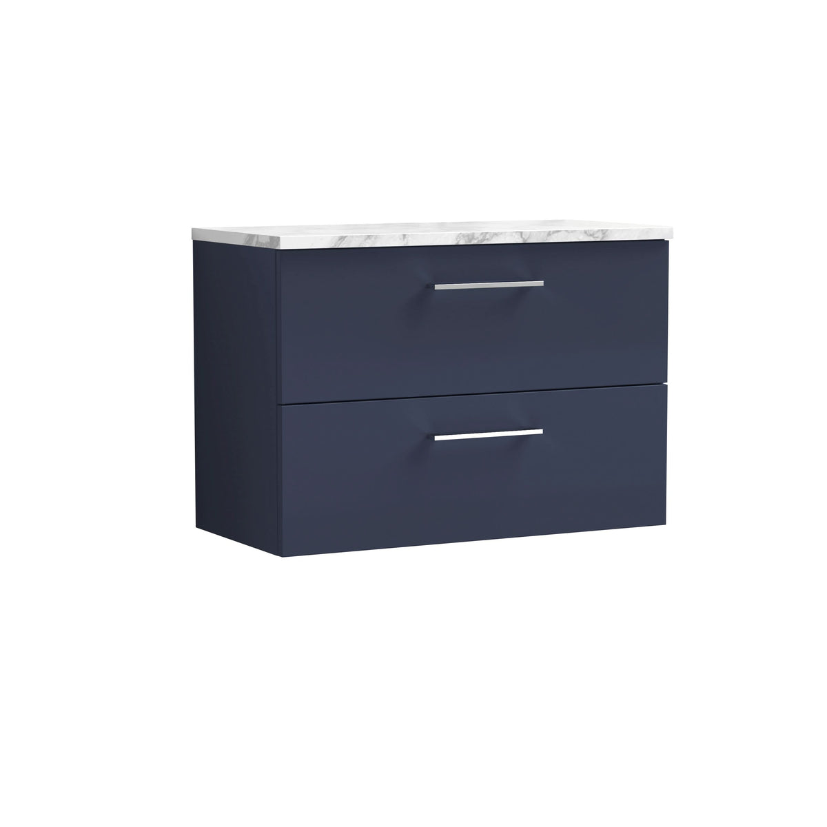 Nuie Arno Wall Hung 2-Drawer Vanity & Carrera Marble Laminate Worktop, Stylish Counter Top Vanity Unit in Midnight Blue, 800mm