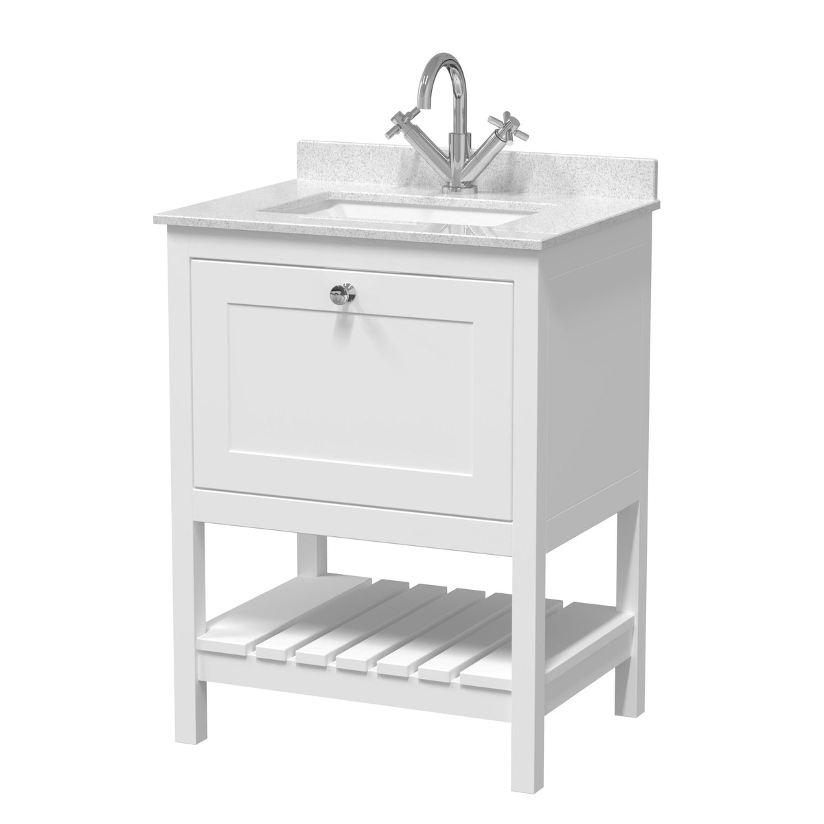 Old London Bexley Floor Standing 1 Drawer Vanity & 1 Tap Hole Marble Top, Stylish Vanity Unit with Basin, Pure White, 600mm