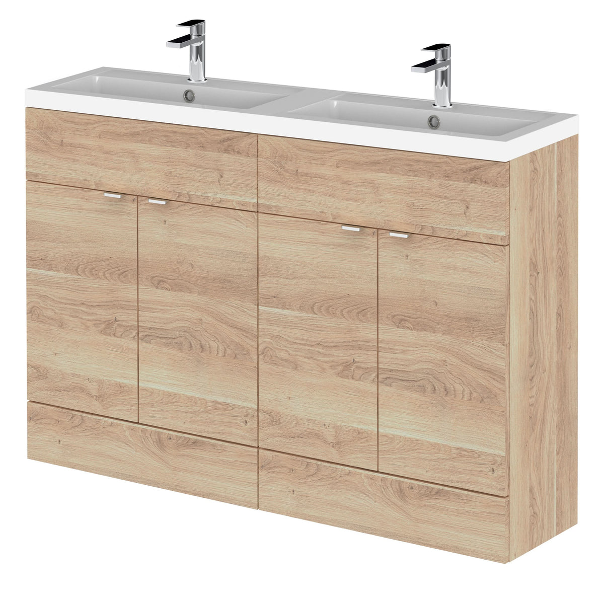 Hudson Reed Fusion Floor Standing 4-Door Vanity & Double polymarble Basin, Vanity Unit with Basin, Bleached Oak, 1200mm