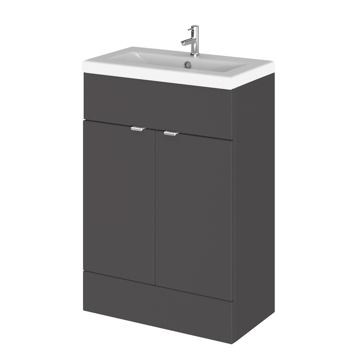 Hudson Reed Fusion Floor Standing 2 Door Vanity Unit & Ceramic Basin, Stylish Sink Vanity Unit, Gloss Grey, 600mm