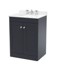 Nuie Classique Floor Standing 2 Door Unit & 3 Tap Hole Marble Top with Oval Basin, Sink Vanity Unit in Soft Black with White Marble Top & White Basin, 600mm