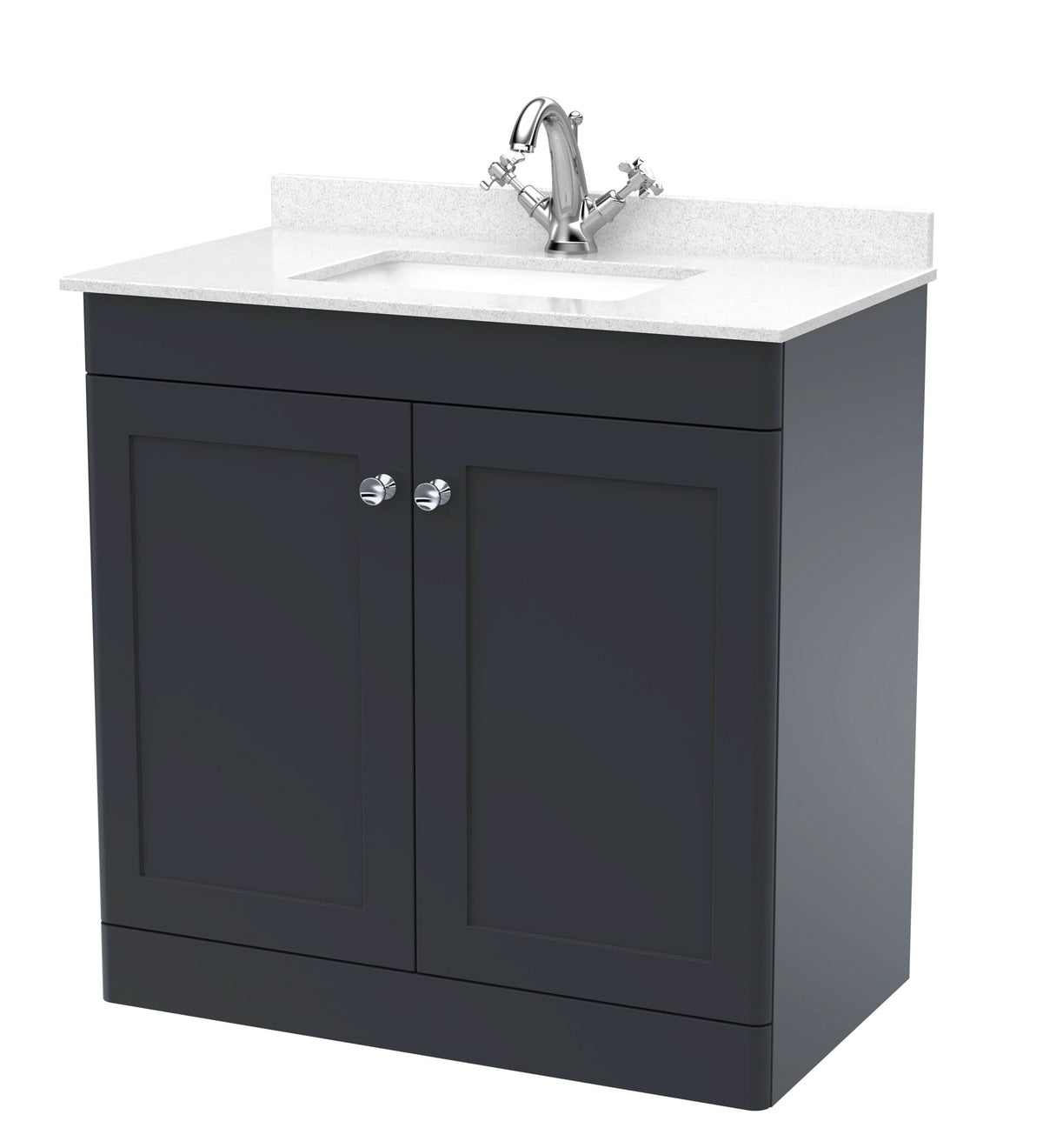 Nuie Classique Floor Standing 2 Door Unit & 1 Tap Hole White Marble Top with Square Basin, Sink Vanity Unit in Soft Black with White Basin, 800mm