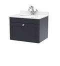 Nuie Classique Wall Hung 1 Drawer Unit & 1 Tap Hole White Marble Top with Oval Basin, Sink Vanity Unit in Soft Black with White Basin, 600mm