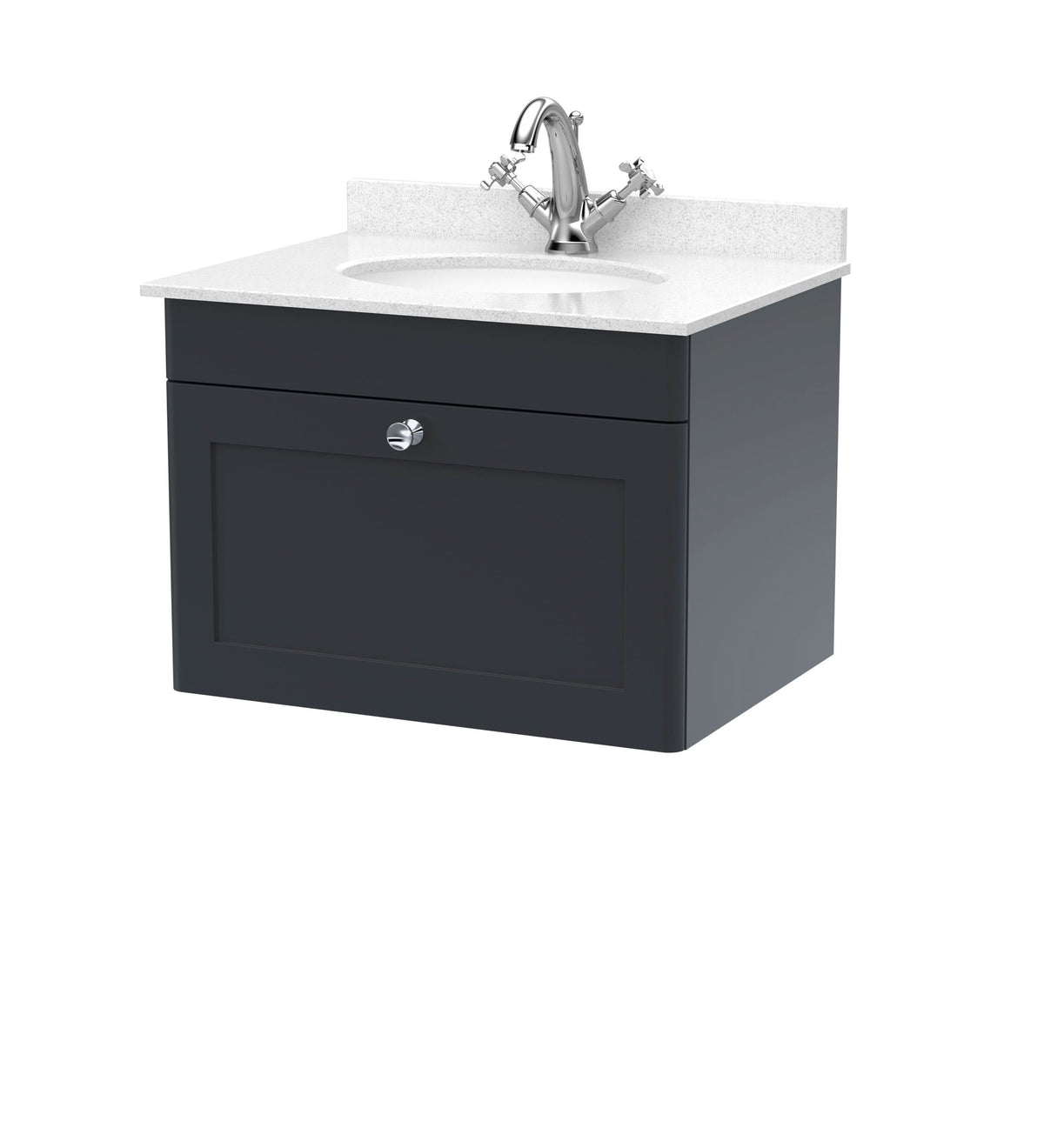 Nuie Classique Wall Hung 1 Drawer Unit & 1 Tap Hole White Marble Top with Oval Basin, Sink Vanity Unit in Soft Black with White Basin, 600mm
