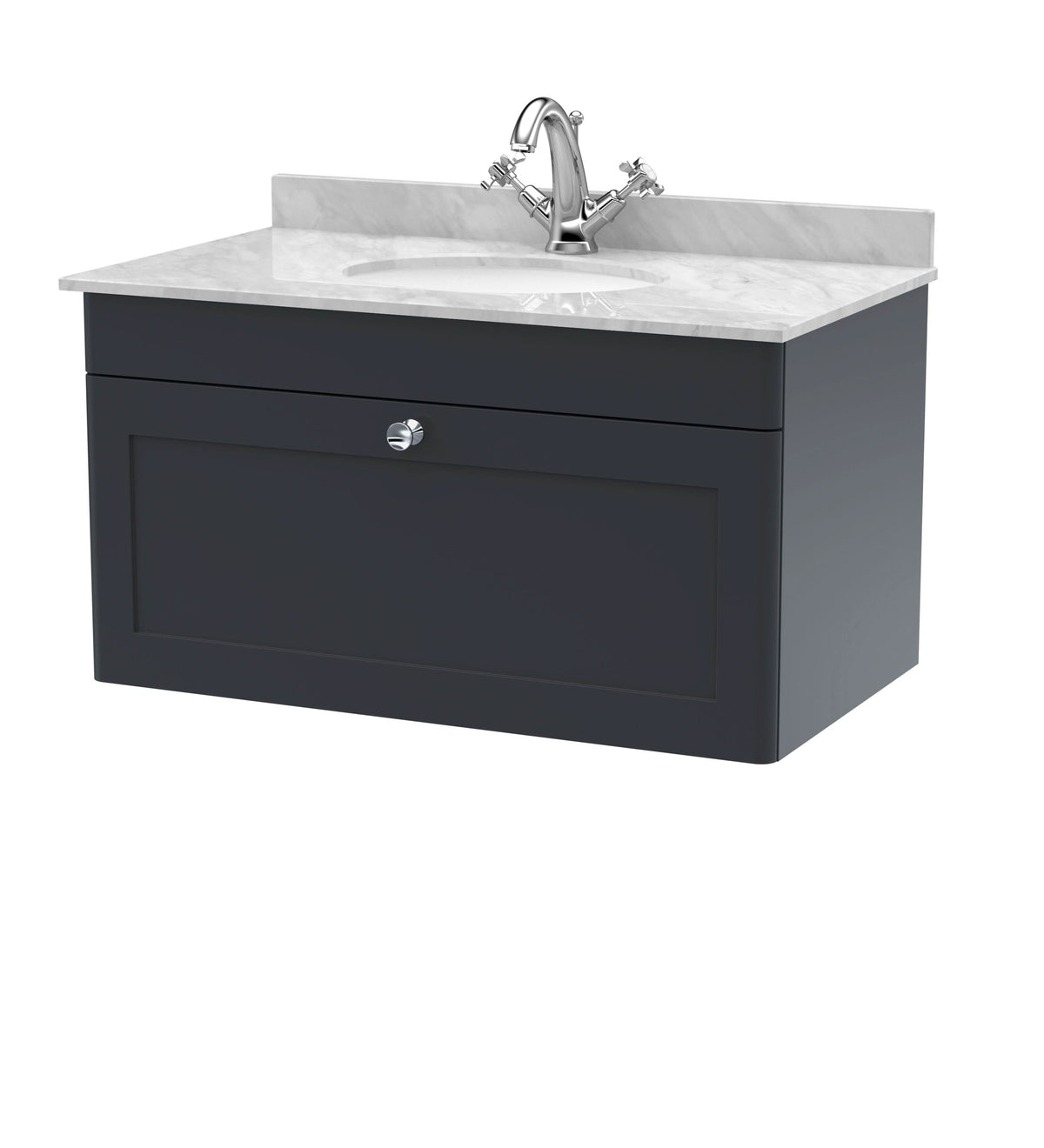 Nuie Classique Wall Hung 1 Drawer Unit & 1 Tap Hole Grey Marble Top with Oval Basin, Sink Vanity Unit in Soft Black with White Basin, 800mm