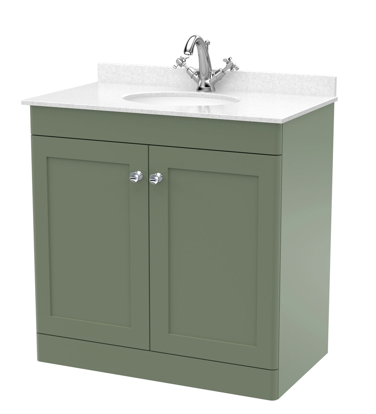 Nuie Classique Floor Standing 2 Door Vanity Unit & 1 Tap Hole White Marble Top with Oval Basin, Contemporary Sink Vanity Unit in Satin Green with White Basin, 800mm