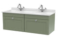 Nuie Classique Wall Hung 2 Drawer Vanity Unit & 1 Tap Hole White Marble Top with Oval Basin, Stylish Sink Vanity Unit in Satin Green with White Basin, 1200mm