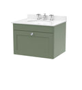 Nuie Classique Wall Hung 1 Drawer Vanity Unit & 3 Tap Hole White Marble Top with Oval Basin, Stylish Sink Vanity Unit in Satin Green with White Basin, 600mm