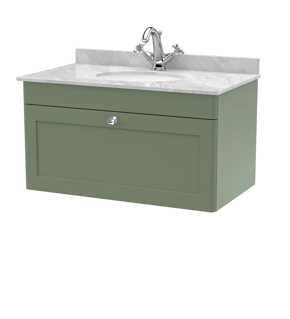 Nuie Classique Wall Hung 1 Drawer Vanity Unit & 1 Tap Hole Grey Marble Top with Oval Basin, Stylish Sink Vanity Unit in Satin Green with White Basin, 800mm