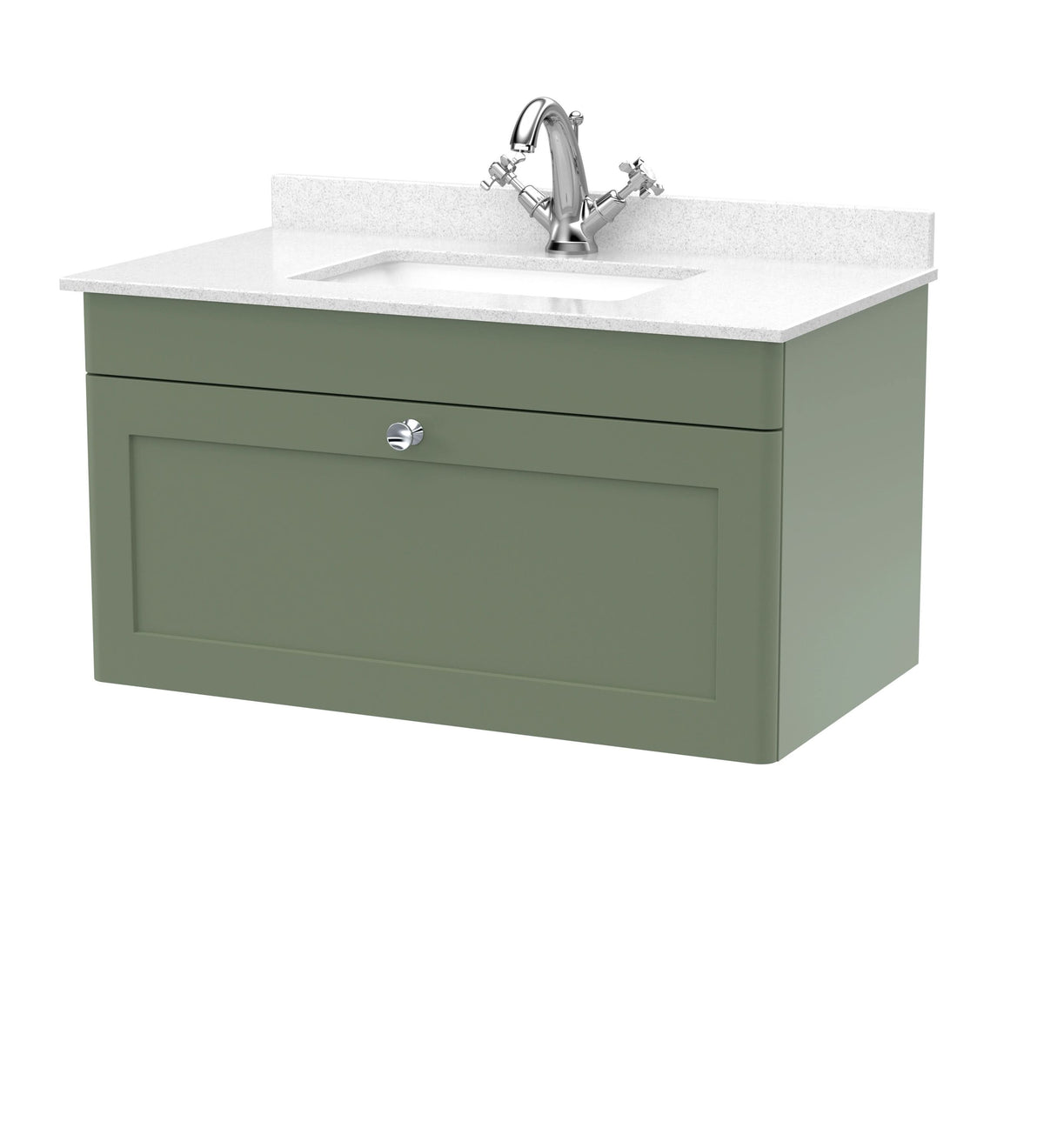 Nuie Classique Wall Hung 1 Drawer Vanity Unit & 1 Tap Hole White Marble Top with Square Basin, Stylish Sink Vanity Unit in Satin Green with White Basin, 800mm