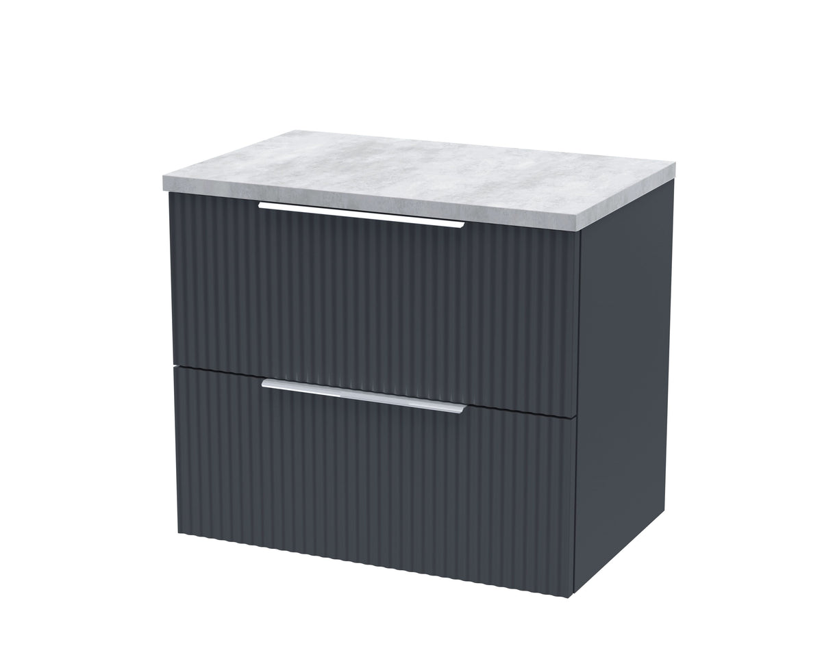 Hudson Reed Fluted Wall Hung 2-Drawer Vanity Unit & Bellato Grey Laminate Worktop, Sleek Counter Top Vanity Unit in Soft Black, 600mm