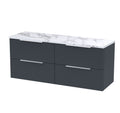 Hudson Reed Fluted Wall Hung 4-Drawer Vanity Unit & Carrera Marble Laminate Worktop, Sleek Counter Top Vanity Unit in Soft Black, 1200mm