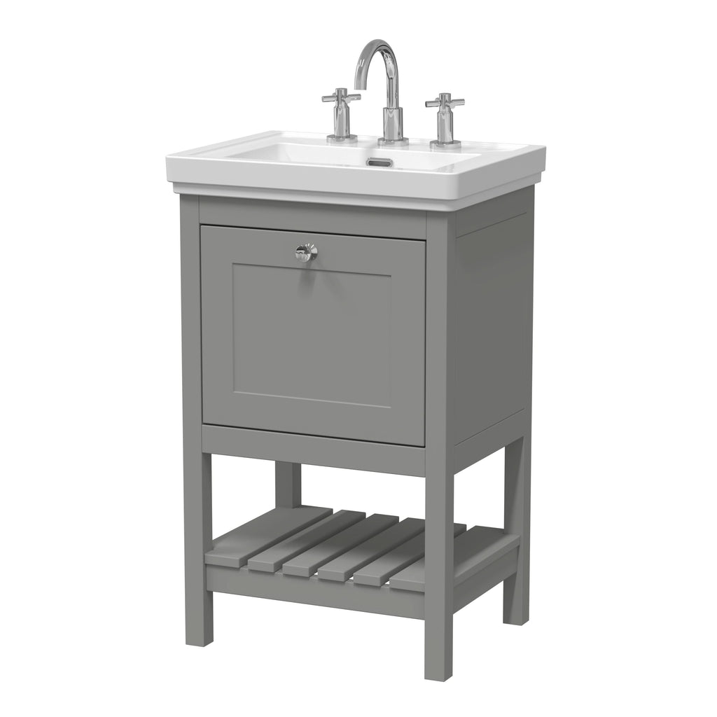 Old London Bexley Floor Standing 1 Drawer Vanity & 3 Tap Hole Fireclay Basin, Stylish Vanity Unit with Basin, Cool Grey, 500mm