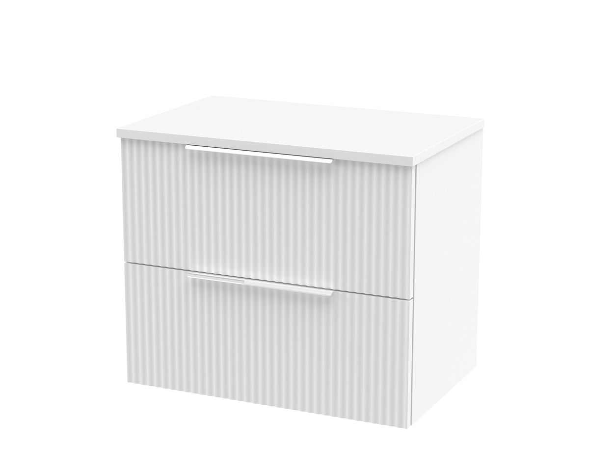 Hudson Reed  Fluted Wall Hung 2-Drawer Vanity Unit & White Marble Laminate Worktop, Counter Top Vanity Unit in Satin White, 600mm