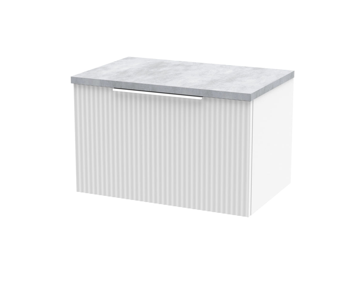 Hudson Reed Fluted Wall Hung 1-Drawer Vanity Unit & Bellato Grey Laminate Worktop, Counter Top Vanity Unit in Satin White, 600mm