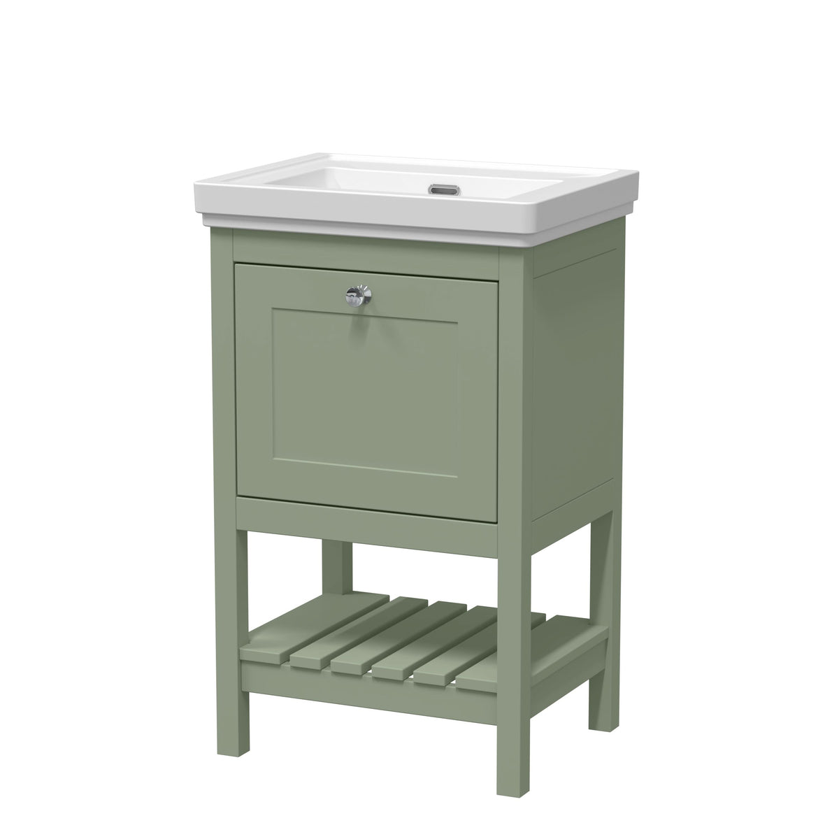 Old London Bexley Floor Standing 1 Drawer Vanity without Tap Hole Fireclay Basin, Stylish Vanity Unit with Basin, Fern Green, 500mm