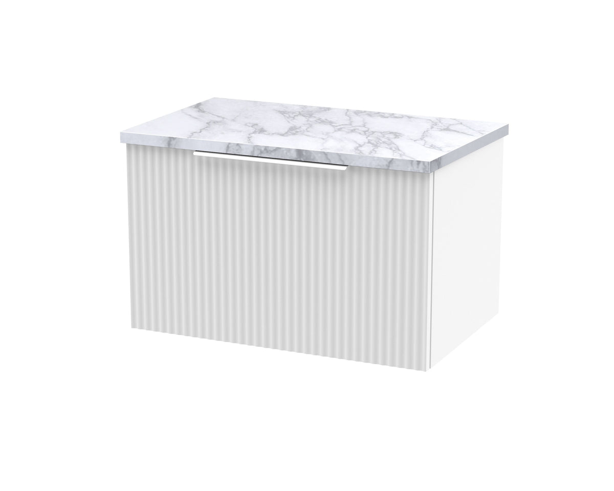 Hudson Reed Fluted Wall Hung 1-Drawer Vanity Unit & Carrera Marble Laminate Worktop, Counter Top Vanity Unit in Satin White, 600mm
