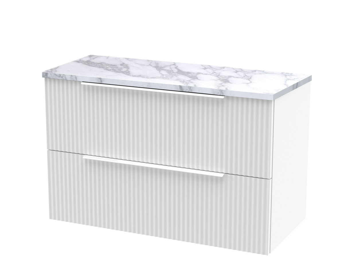 Hudson Reed Fluted Wall Hung 2-Drawer Vanity Unit & Carrera Marble Laminate Worktop, Counter Top Vanity Unit in Satin White, 800mm