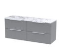 Hudson Reed Fluted Wall Hung 4-Drawer Vanity Unit & Carrera Marble Laminate Worktop, Counter Top Vanity Unit in Satin Grey, 1200mm