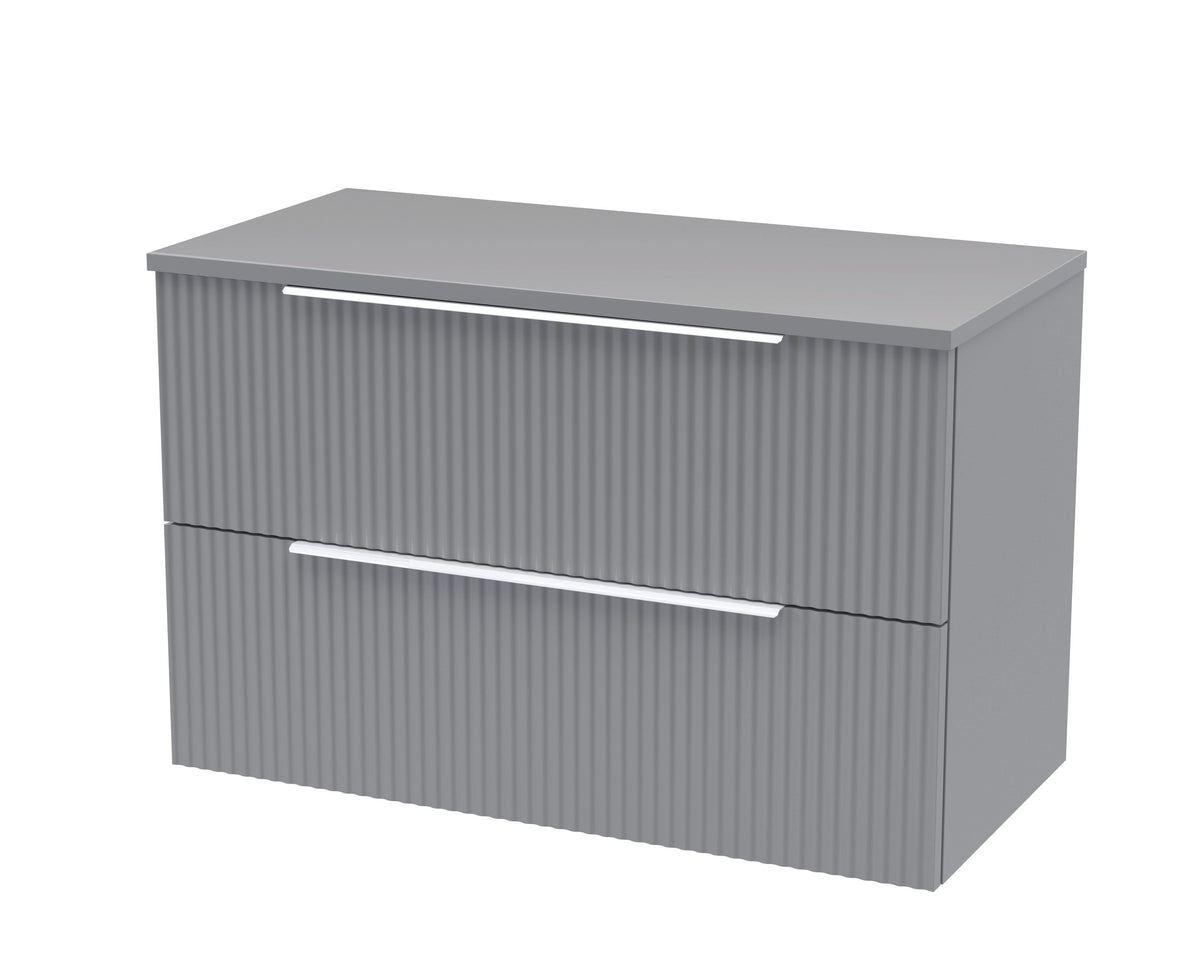 Hudson Reed Fluted Wall Hung 2-Drawer Vanity Unit & Grey Worktop, Counter Top Vanity Unit in Satin Grey, 800mm