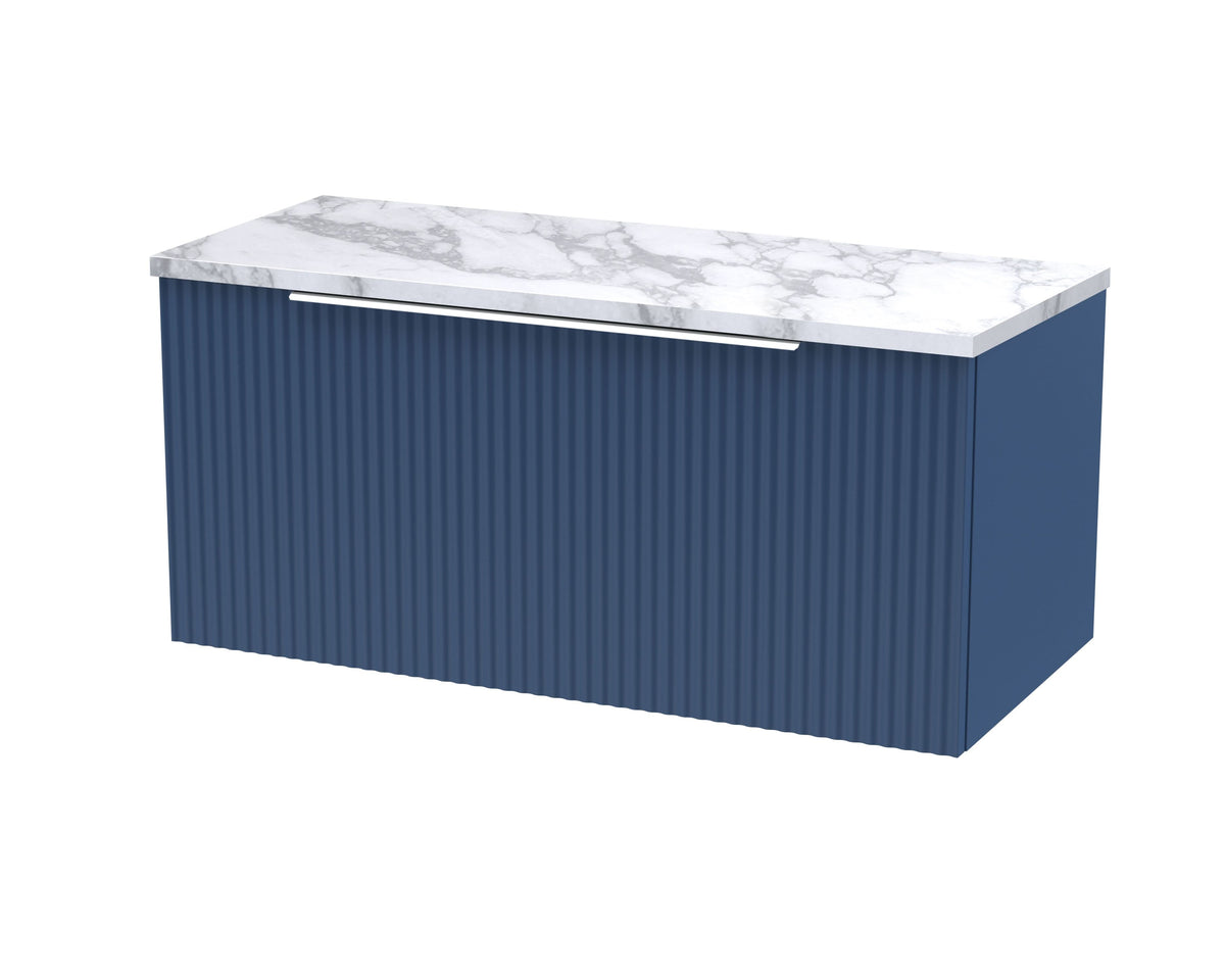 Hudson Reed Fluted Wall Hung 1-Drawer Vanity & Carrera Marble Laminate Worktop, Counter Top Vanity Unit in Satin Blue, 1200mm