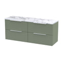 Hudson Reed Fluted Wall Hung 4-Drawer Vanity & Carrera Marble Laminate Worktop, Counter Top Vanity Unit in Satin Green, 1200mm