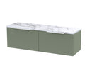 Hudson Reed Fluted Wall Hung 2-Drawer Vanity & Carrera Marble Laminate Worktop, Counter Top Vanity Unit in Satin Green, 1200mm